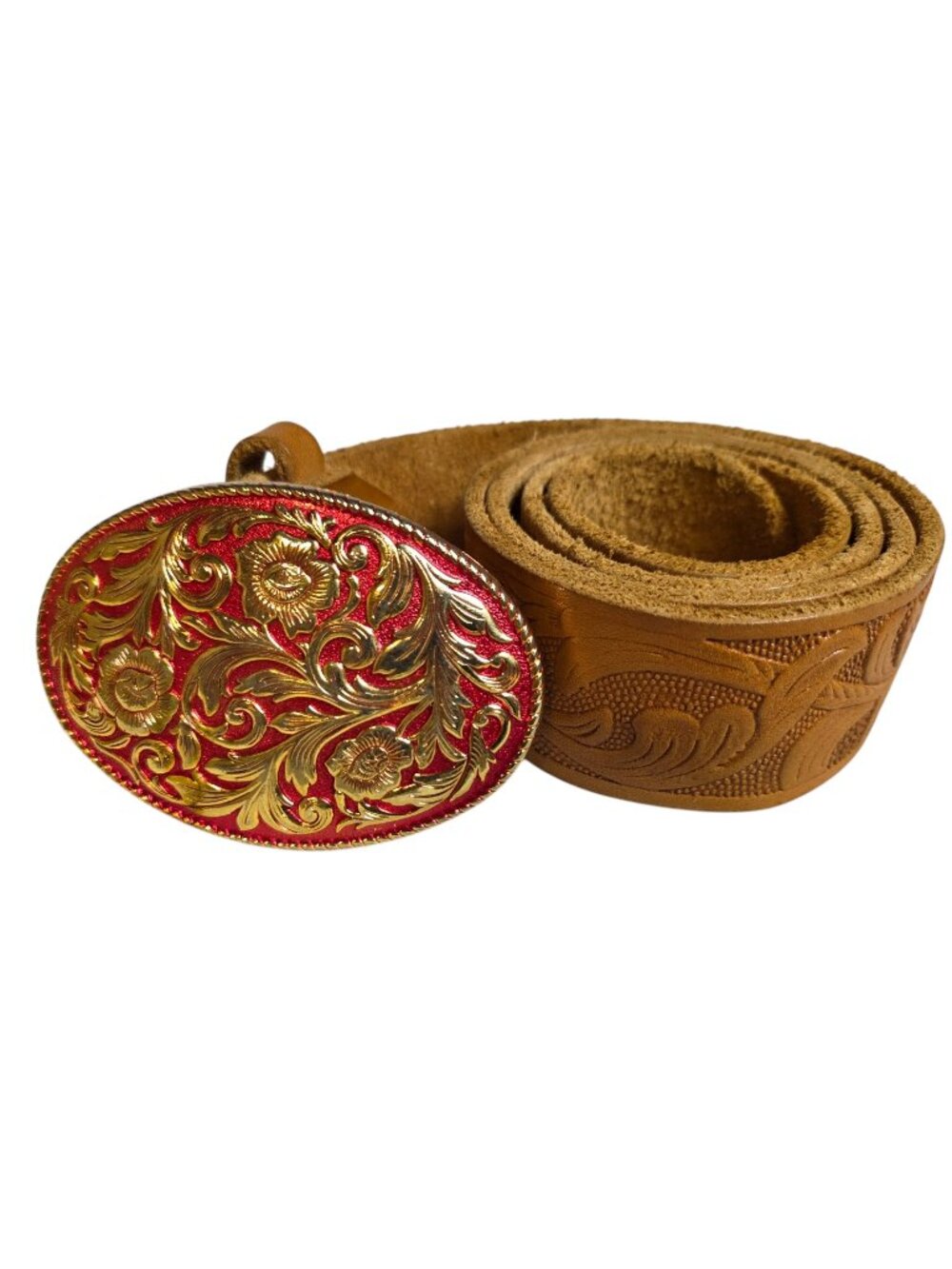 Vintage Suede Leather Belt Tooled Floral Tan Red Gold Western Buckle Unisex 36
